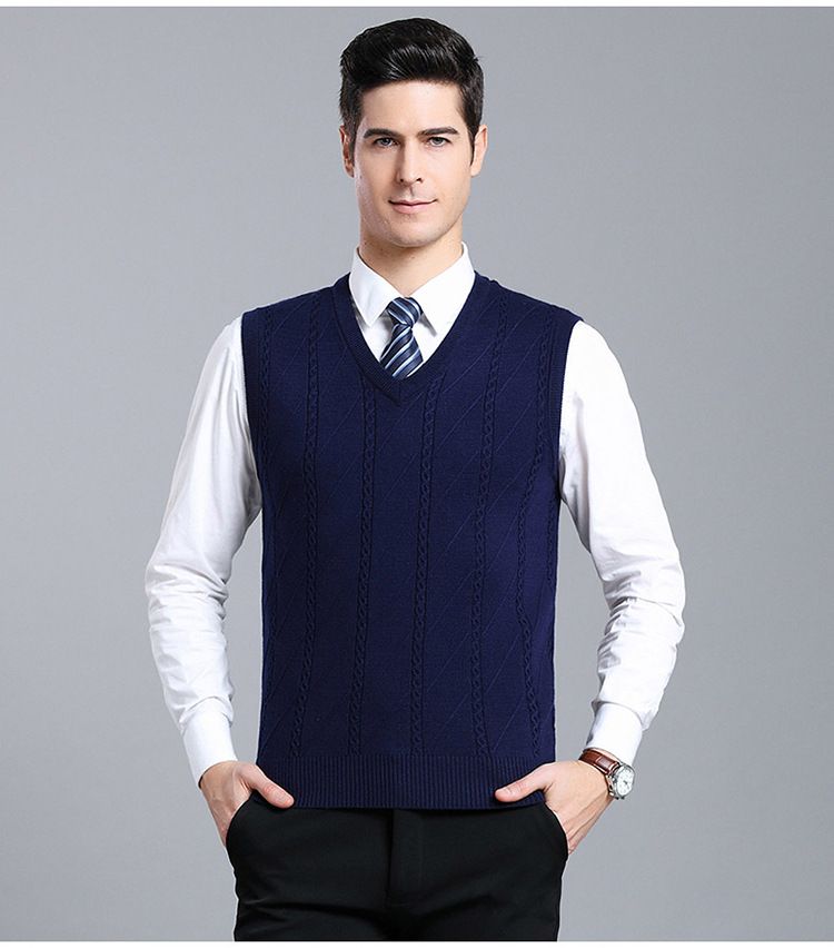 Men's Wool Blend Knit Vest, Solid Color Cable V-Neck Sleeveless Pullover, Casual Layering Piece For Autumn_voghion.com