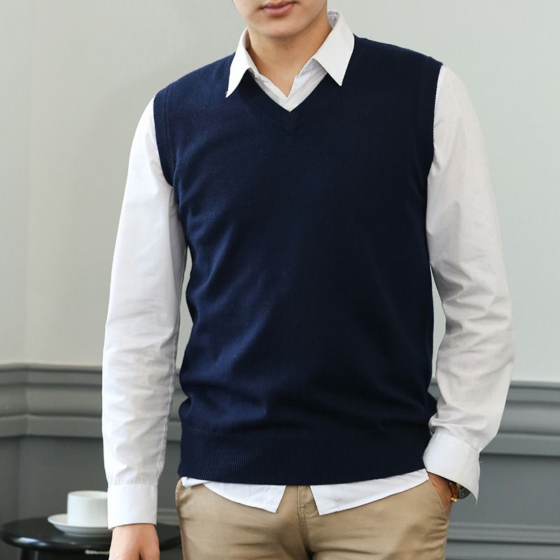 Herbst Winter Neue Herren Ärmellose Einfarbige V-Ausschnitt Verdickte Kurzarm Strickpullover Pullover Weste_voghion.com