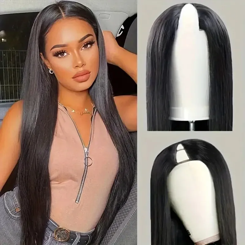 Peluca de cabello humano liso con parte en V y clip, brasileña, Remy, para mujer, color natural, para uso diario_voghion.com