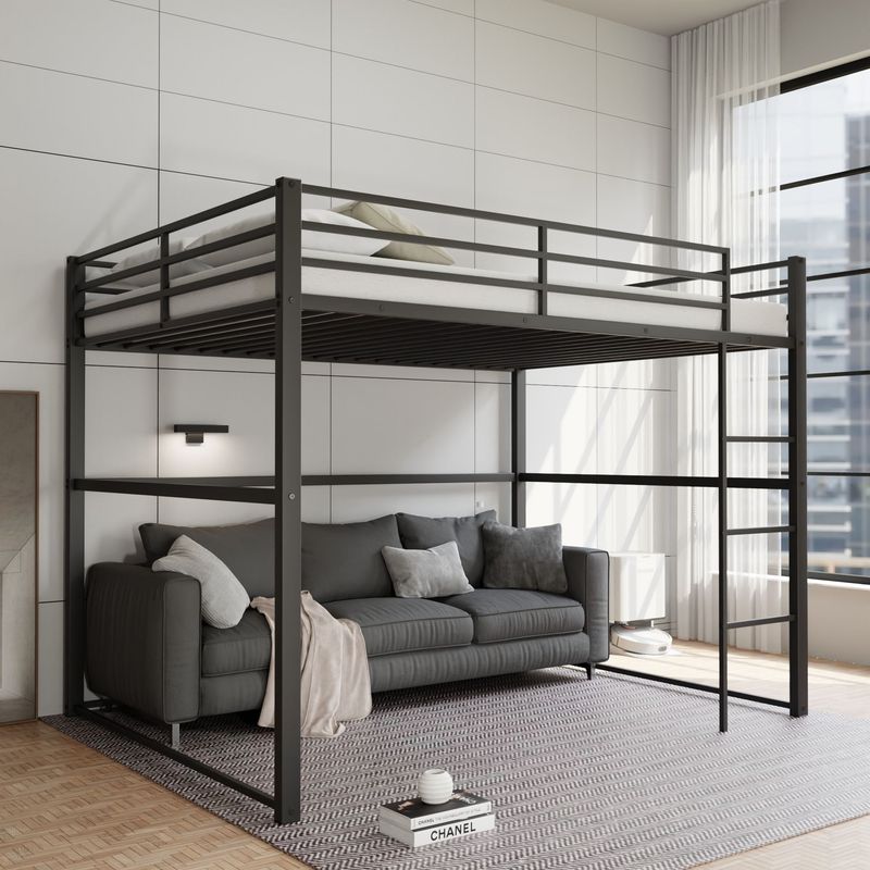 Metal Loft Bed Full Size, Loft Bed Frame With Safety Guard Rails & Flat Ladder, Twin Loft Bed For Kids Teens Adults, Black_voghion.com