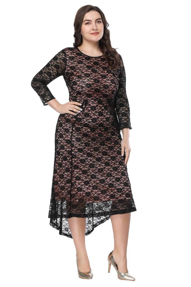 Abito da sera primaverile e autunnale, davanti, lungo dietro, vita alta, taglie forti, manica corta, abito in pizzo SQ0088, alla moda e_voghion.com