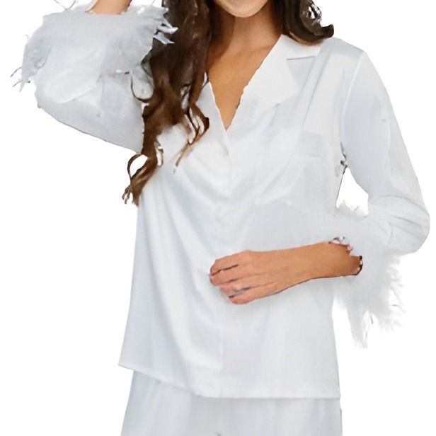 Sleepwears Summer And Autumn New Satin Ice Silk Outerwear Feather Sleeve Two Piece Set Women's Fur Pamas Fashion Home_voghion.com