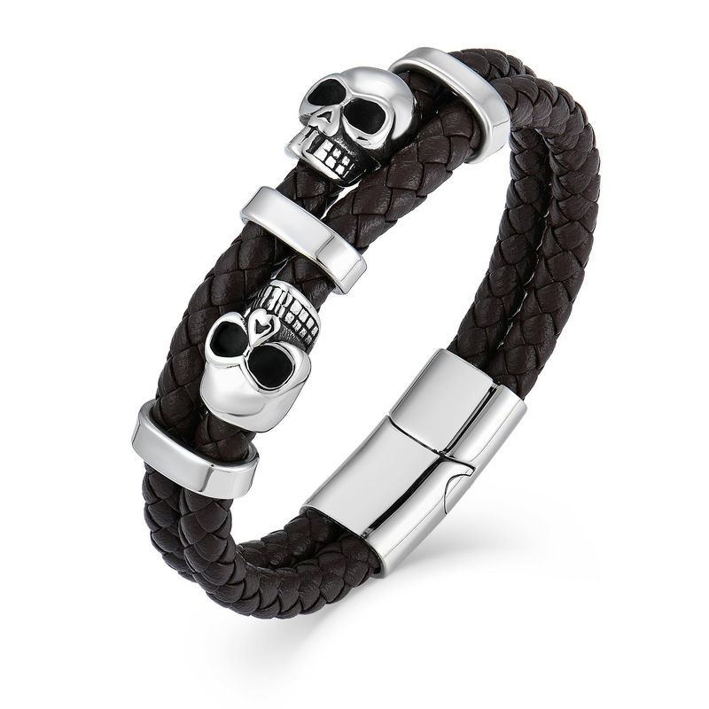 Braccialetto in pelle con teschio e corda rotonda bicolore in acciaio con chiusura magnetica per Halloween e perline in pietra naturale pura_voghion.com