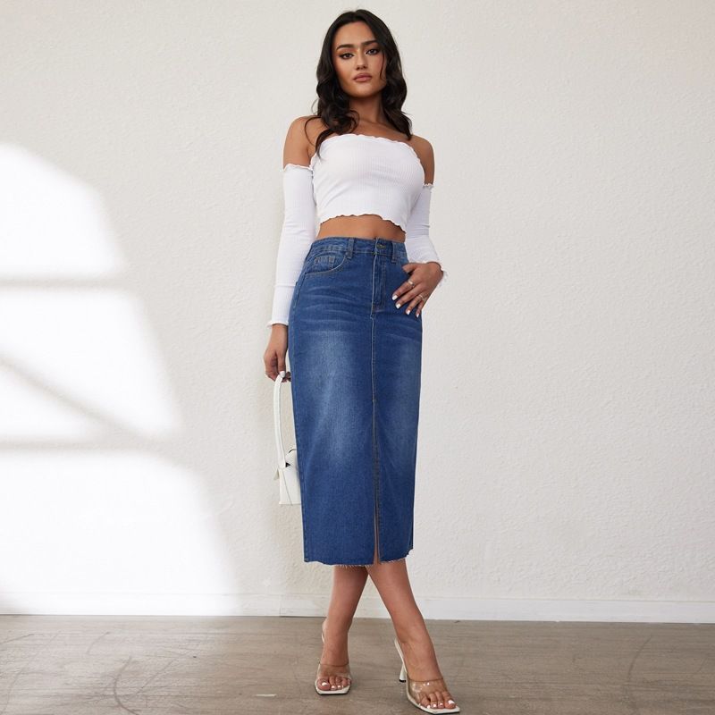 Gonna in denim retrò non elasticizzata a mezza lunghezza da donna Gonna a mezza lunghezza con spacco da donna_voghion.com