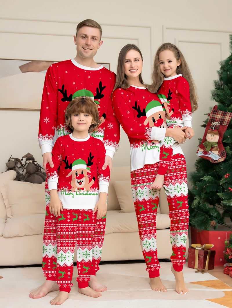 Christmas Red Parent Child Outfit Independent Station New Fat Deer Head Cartoon Suit Holiday Pajamas Home Clothes_voghion.com