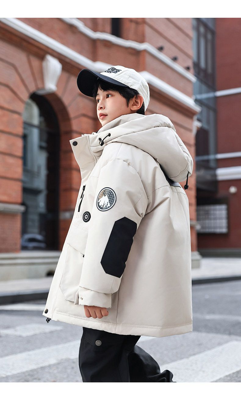 Mother & Kids Warm & Stylish Boys' Long Down Jacket With Hood - Soft Duck Feather Filling, High Waist Design, Winter Coat For Kids (Black, Beige)_voghion.com