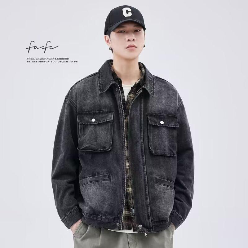 Jaqueta jeans masculina desgastada, casaco de trabalho unissex oversized com bolsos laterais – preto e cinza (M-4XL)_voghion.com