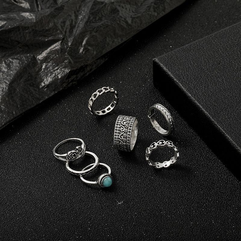Ethnic Style Rose Blossom Turquoise Adjustable Joint Circle Ring Set Of 8 Combination Rings_voghion.com