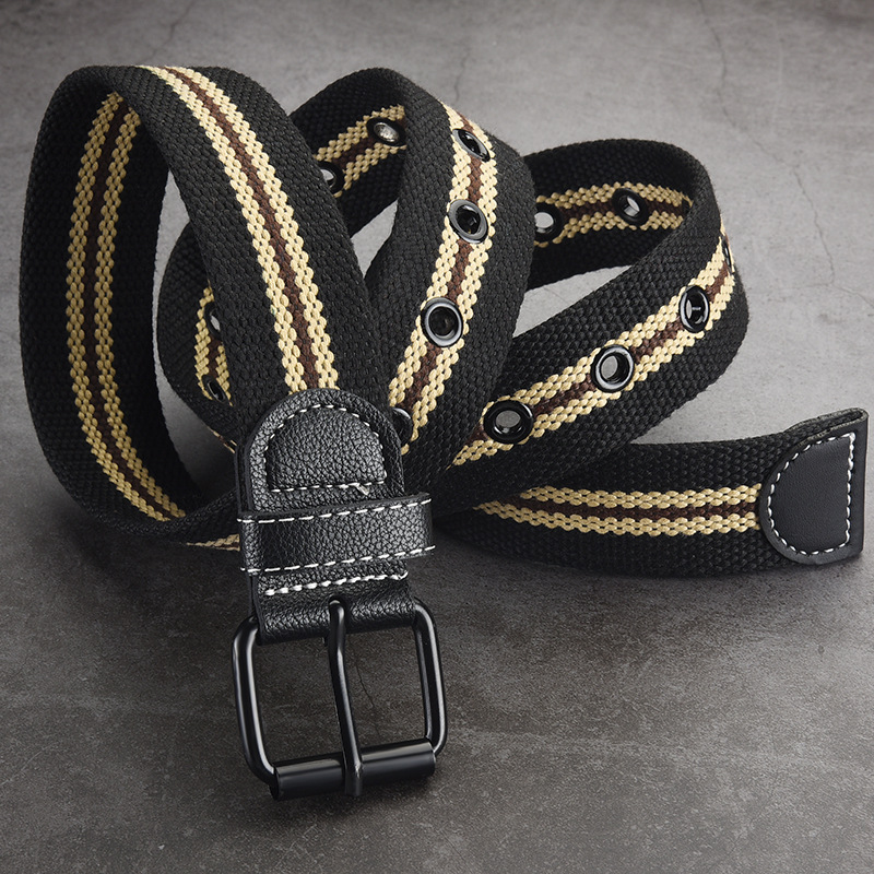 Gürtel Herren Canvas Gestreift Ausgehöhlt Luftauge Dekoration Student Jugend Freizeit Militär Training Schwarze Nadelschnalle_voghion.com