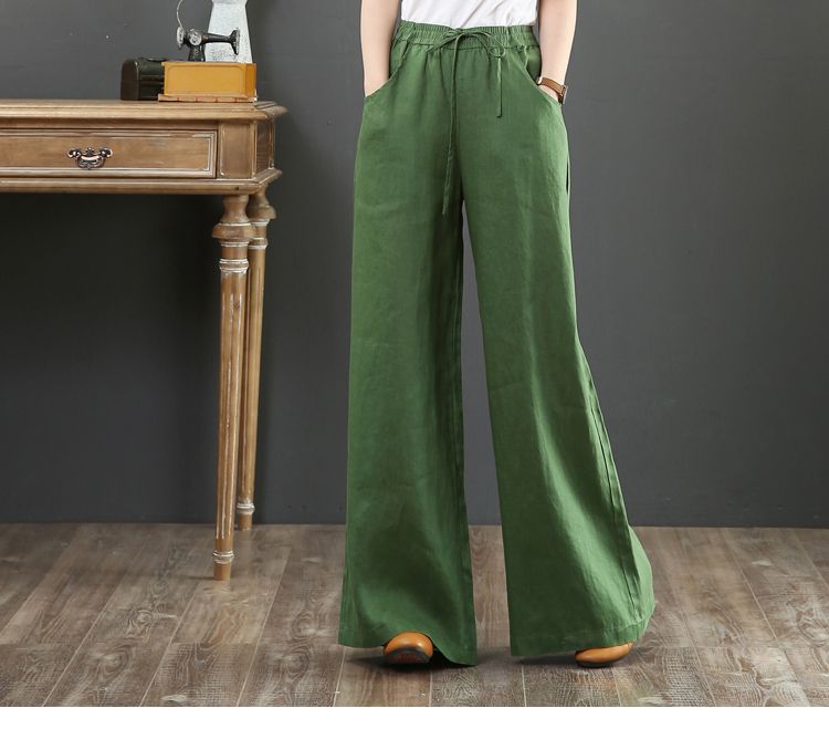 2023 Spring Summer Korean Cotton Loose Plus Size Wide Leg High Waist Floor-Length Straight Linen Women's Pants_voghion.com