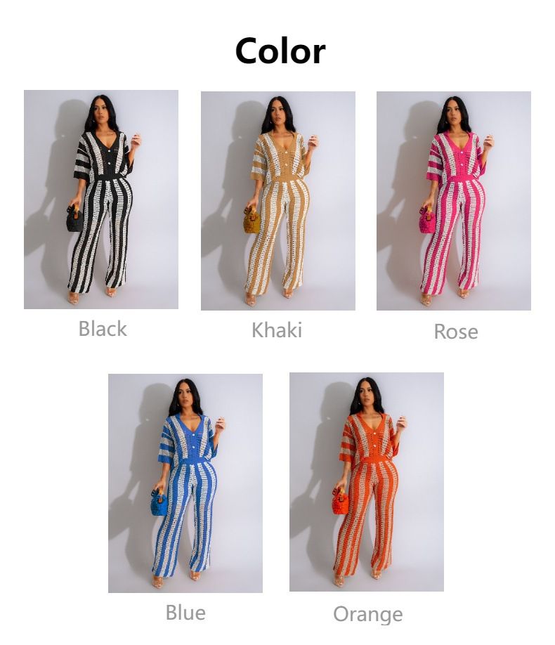 Ensemble pantalon large en tricot à rayures creuses et col rabattu pour femme_voghion.com