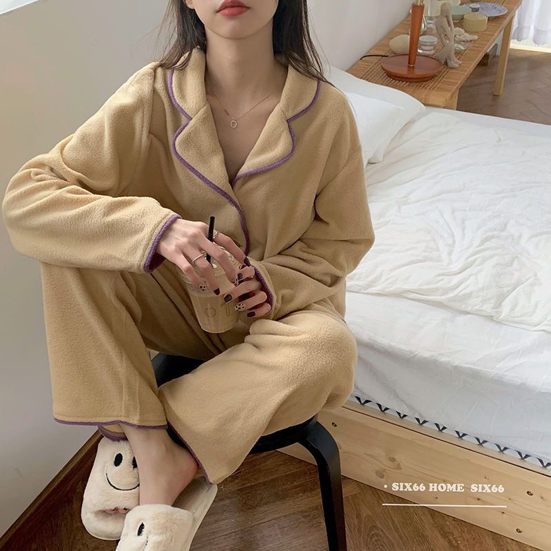 Pigiama semplice e comodo da donna, autunno e inverno, a maniche lunghe, con risvolto, grigio, semplice e spesso, set da salotto_voghion.com