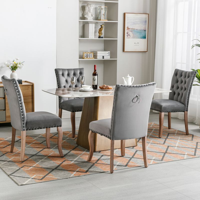 4er Set Samt Esszimmerstühle Mit Nagelkopfbesatz, Massivholzbeine, Grau_voghion.com