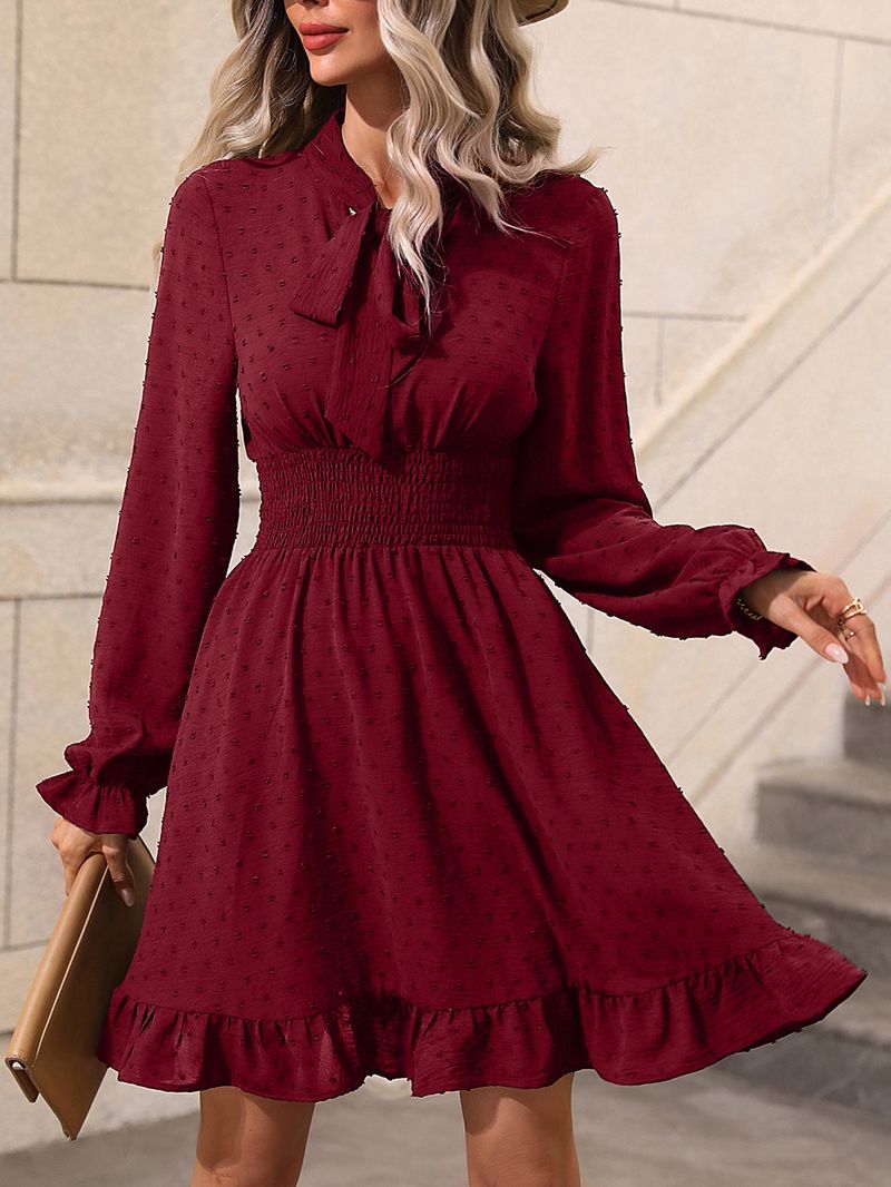 2024 Spring/Summer Women's Waist Wrapped Solid Color Tie Long Sleeved Dress_voghion.com