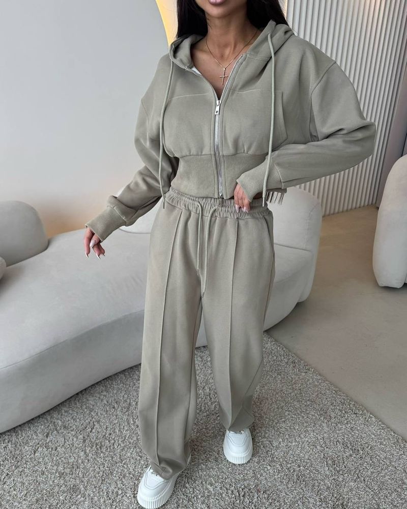 Casual set van dameshoodie met rits en trekkoordbroek – streetwear-tweedelige outfit in groen, roze, grijs, beige en rood_voghion.com