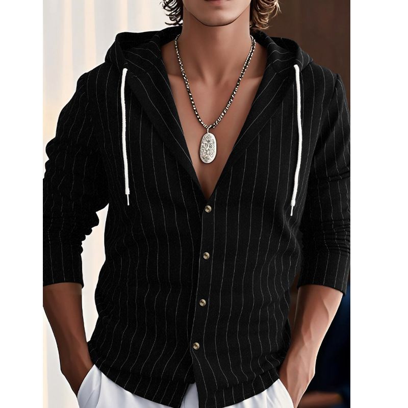 Camicia casual da uomo in lino con cappuccio e righe - Pullover a maniche lunghe con apertura frontale per spiaggia e streetwear (S-XXXL)_voghion.com