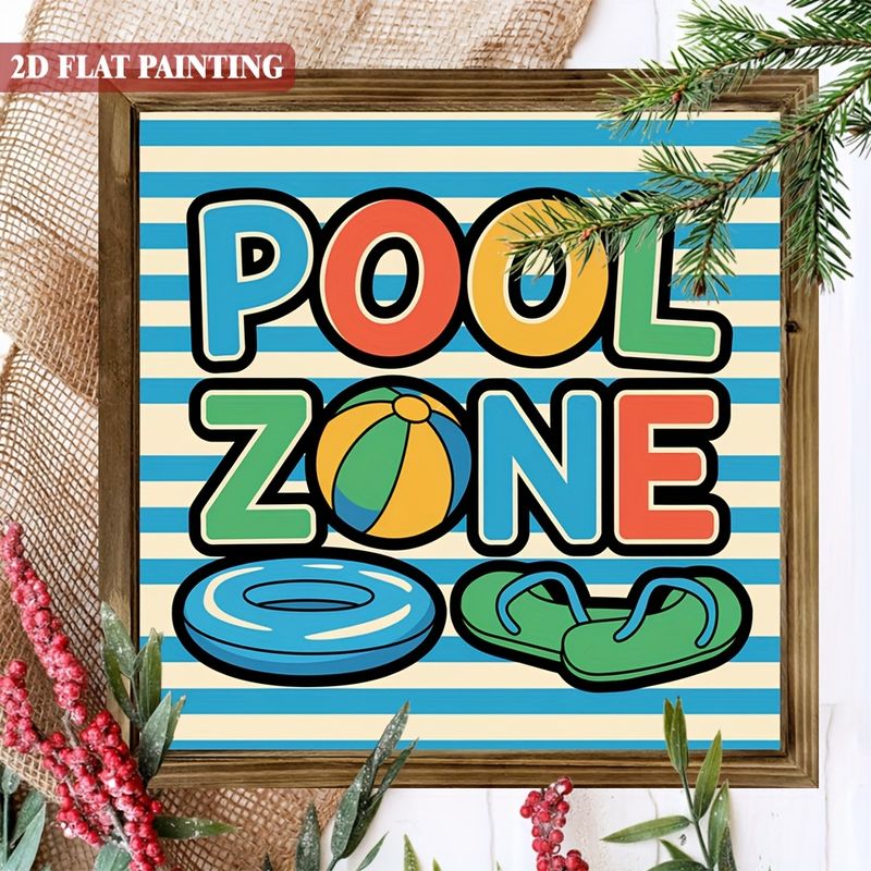 Rustikt træskilt med 'Pool Zone' - 20x20 cm livlig sommerdekoration med badetøj og klipklappere. Perfekt til verandaen, haven eller som sæsongave._voghion.com