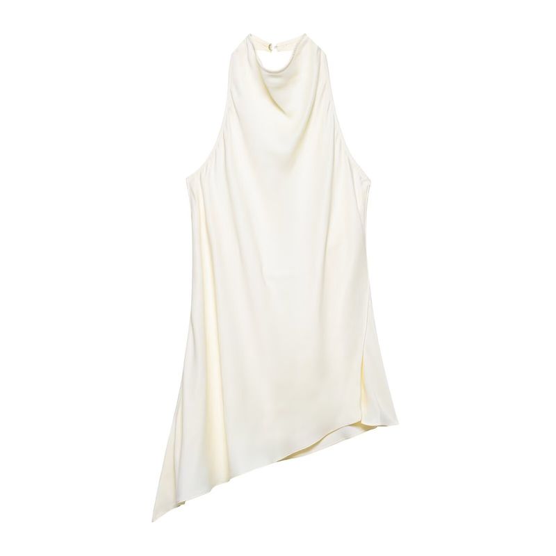 Completo due pezzi da donna in raso con scollo all'americana - Tuta streetwear alla moda con design asimmetrico - Comodo outfit estivo (bianco/nero/blu ardesia)_voghion.com