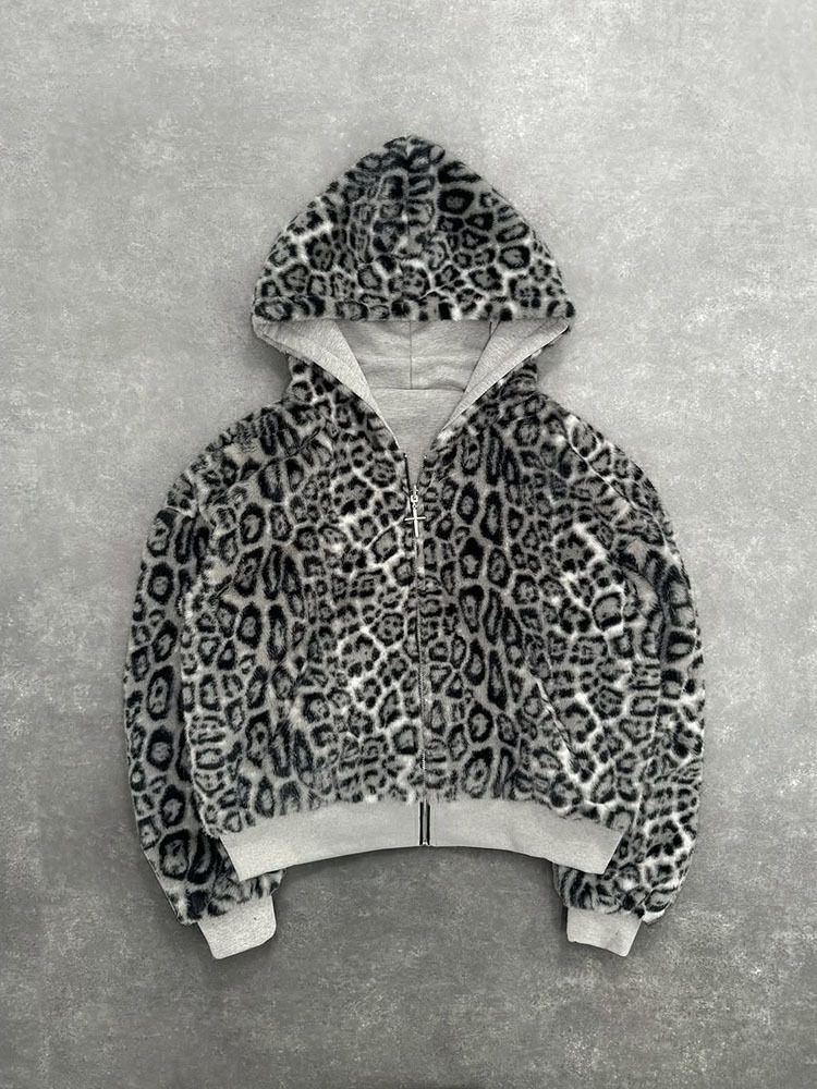 Men's Reversible Zip-Up Hoodie With Leopard Print - Oversized Pullover Sweatshirt For Winter & Fall, Unisex Streetwear_voghion.com