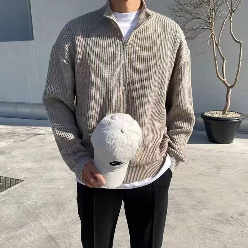 Strickpullover mit halbem Reißverschluss für Herren, Frühling und Herbst, lässiges und einfaches einfarbiges Langarmoberteil_voghion.com