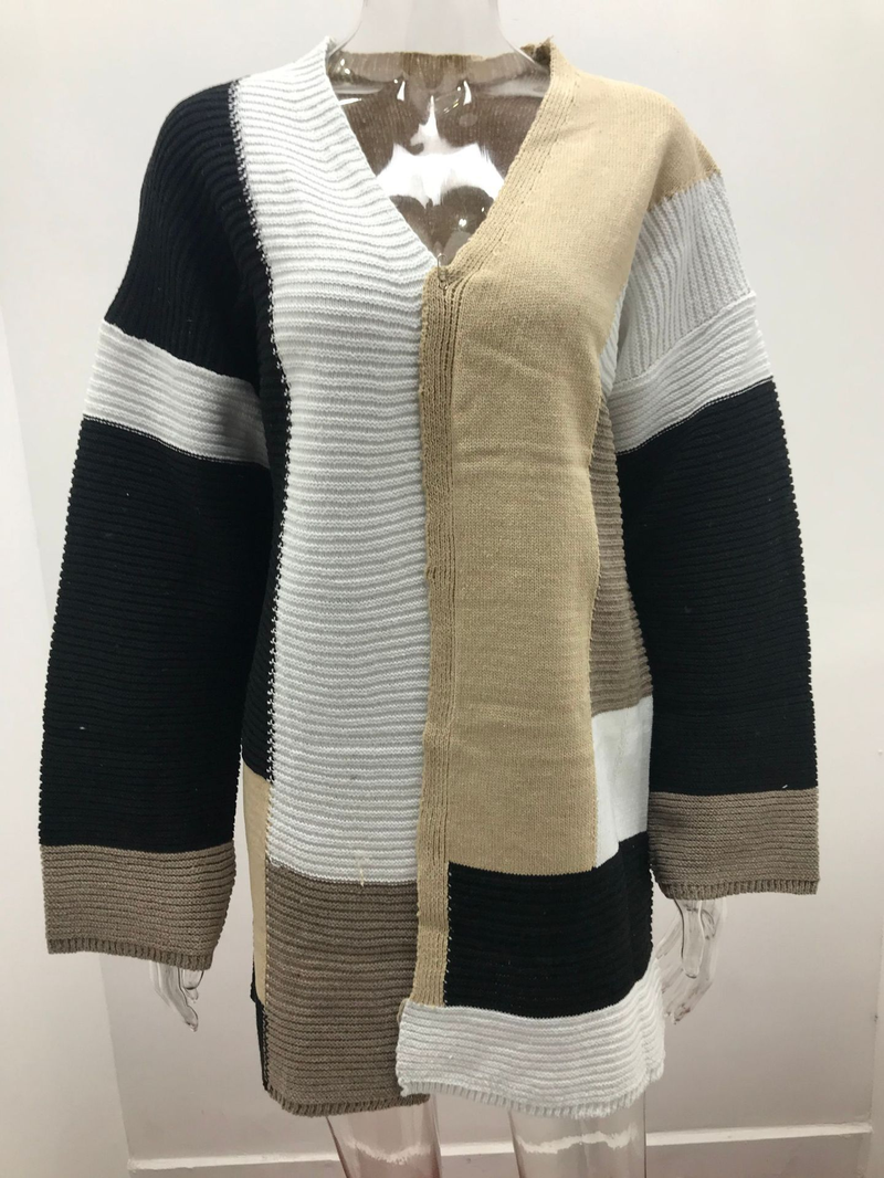 Women's large size loose geometric color matching sweater cardigan_voghion.com