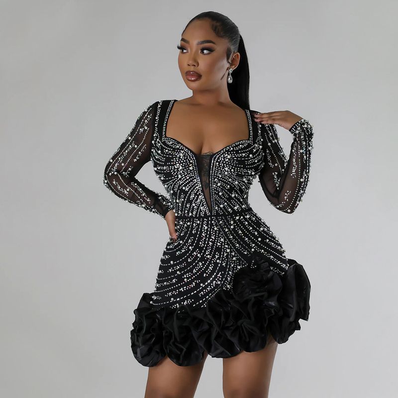 Women's Clothing Fashion Heavy Duty Hot Diamond Beading Ruffle Stitching Sexy Tight Hip Dress_voghion.com