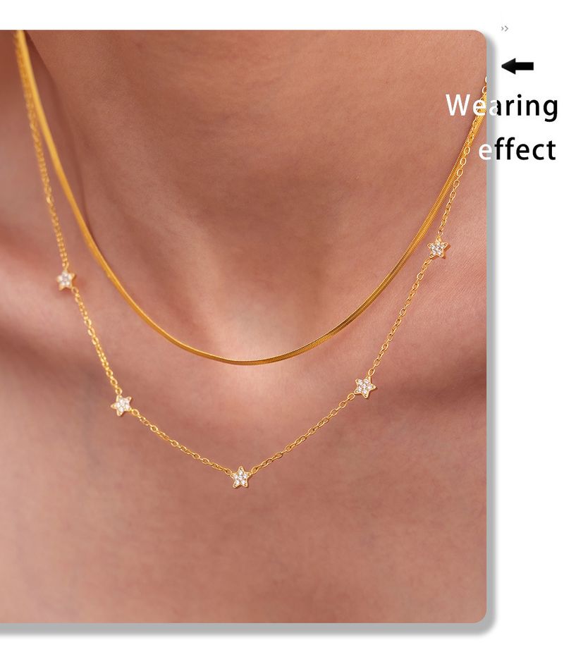 Five-pointed Star Inlaid Zircon Necklace, Small Diamond Gypsy Star Collarbone Necklace, Titanium Steel Gold-plated Simple Double-layer Item Jewelry._voghion.com