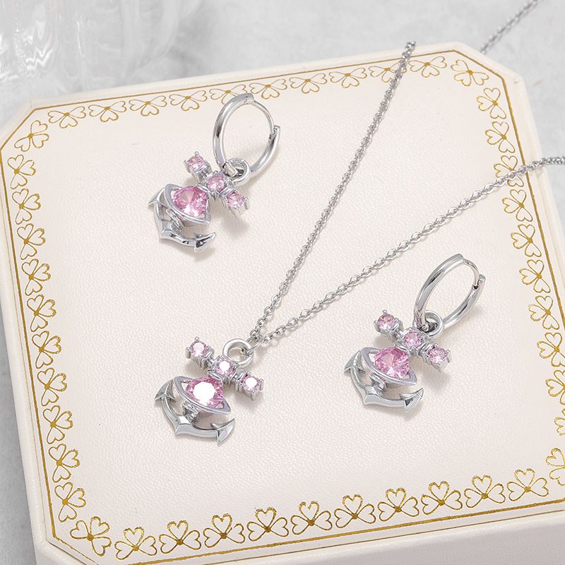 New Western Empress Dowager Anchor Necklace Earrings, Pink Zircon Stone, Fashionable and Minimalist Grade Ear Buckles,_voghion.com