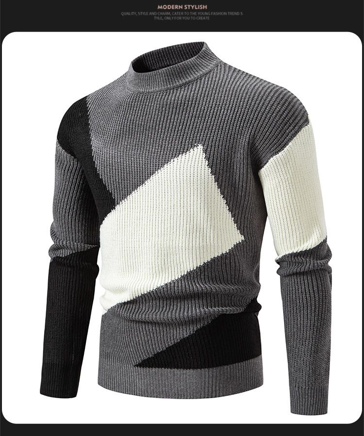 Suéter de cuello redondo a juego de colores para hombre, suéter informal de tendencia de moda de talla grande_voghion.com