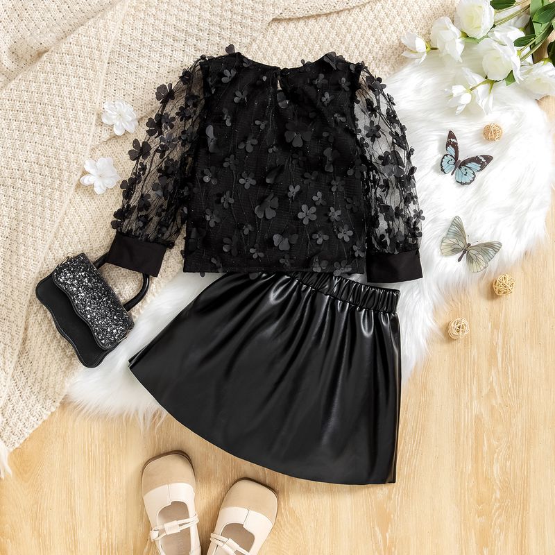 Kinderkleidung Neue Produkte Frühling und Herbst Mädchen Mesh Blume Langarm Top Pu Lederrock Zweiteiliger Anzug_voghion.com