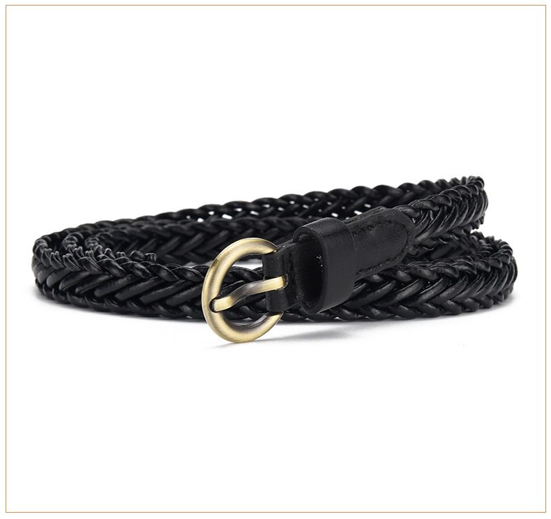 Geflochtener Gürtel für Damen, Sommer, Retro, gewebt, bronzefarbene Schnalle, dünner Gürtel für Damen, modisch, vielseitig, Kleid, frei stanzbar, PU-Dekorgürtel für Damen_voghion.com