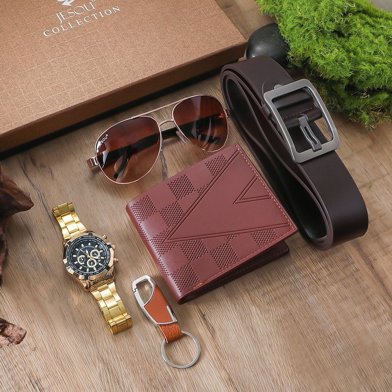 5pcs/set Men's New Business Cool New Three-eye Watch Wallet Belt Keychain Sunglasses Gift Box Set_voghion.com