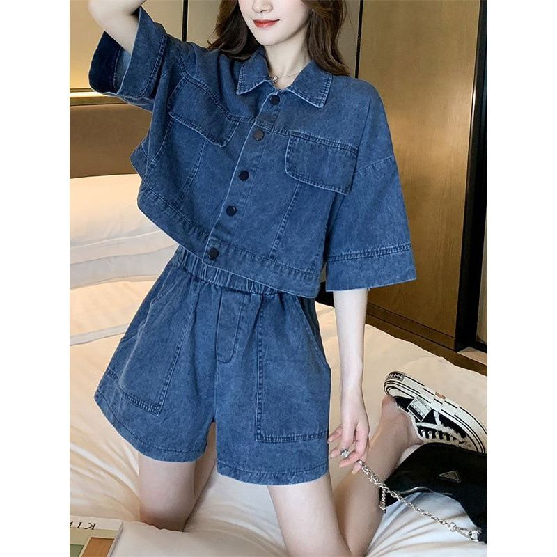 Audday 2025 Summer New Plus Size Korean Style Fashionable Two-Piece Set For Women Loose Short Jacket And Shorts Denim Outfit_voghion.com