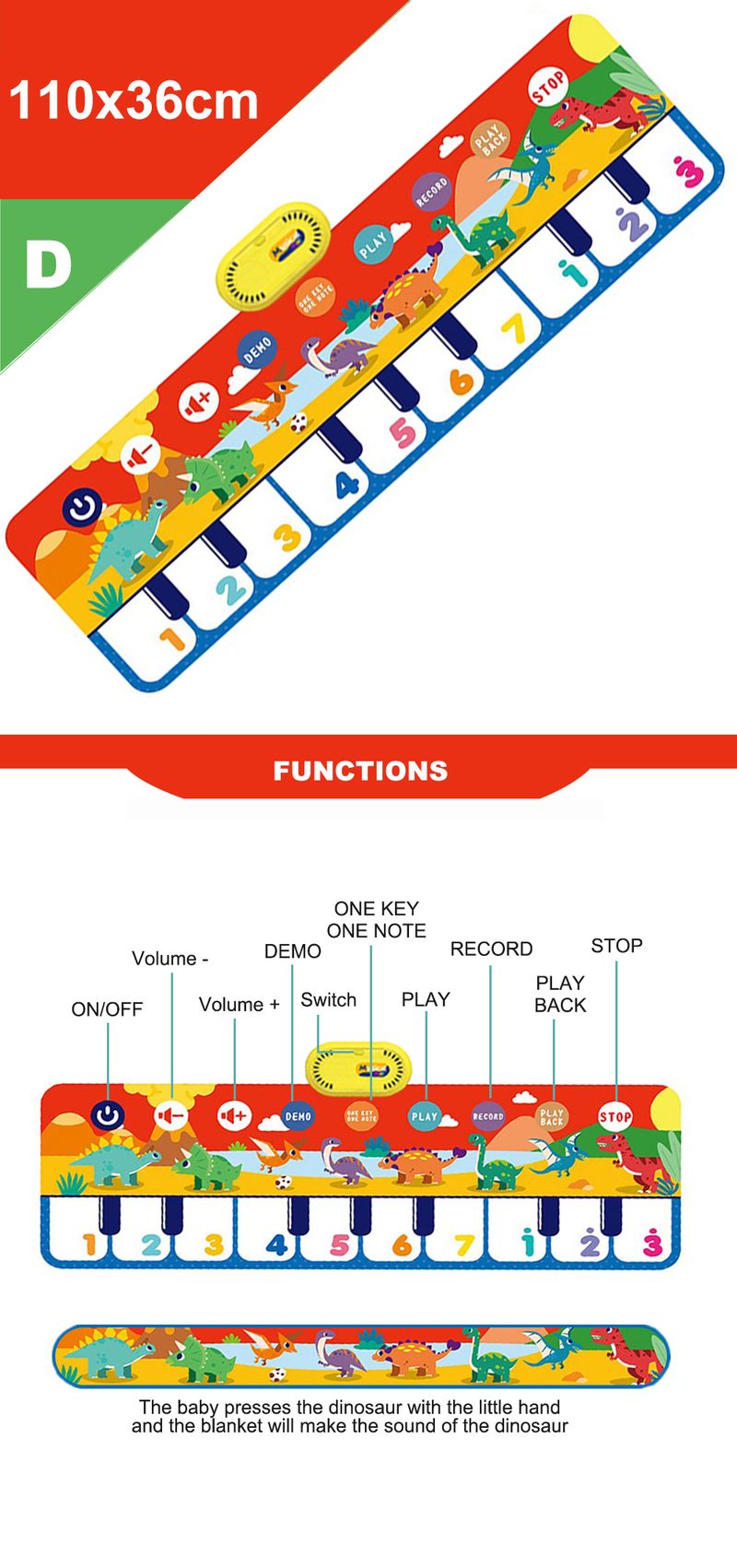 110x36cm Children's Music Piano Mat Fun Parent-child Dance Early Education Enlightenment Multifunctional Crawling Game M_voghion.com