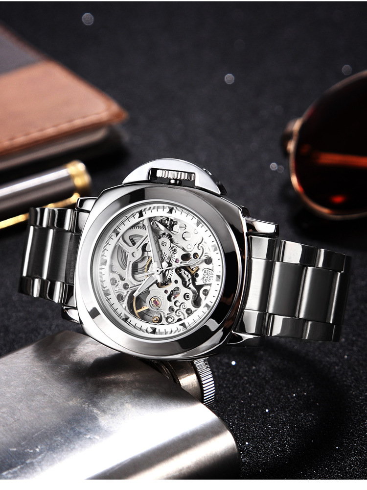 Brand transparent hollow fully automatic mechanical men's watch square bridge guard trend youth waterproof watch_voghion.com