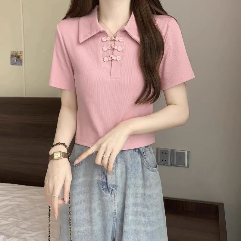 New buckle Chinese style sleeved T-shirt for women in summer 2024, covering the belly and showing off thinness, short_voghion.com
