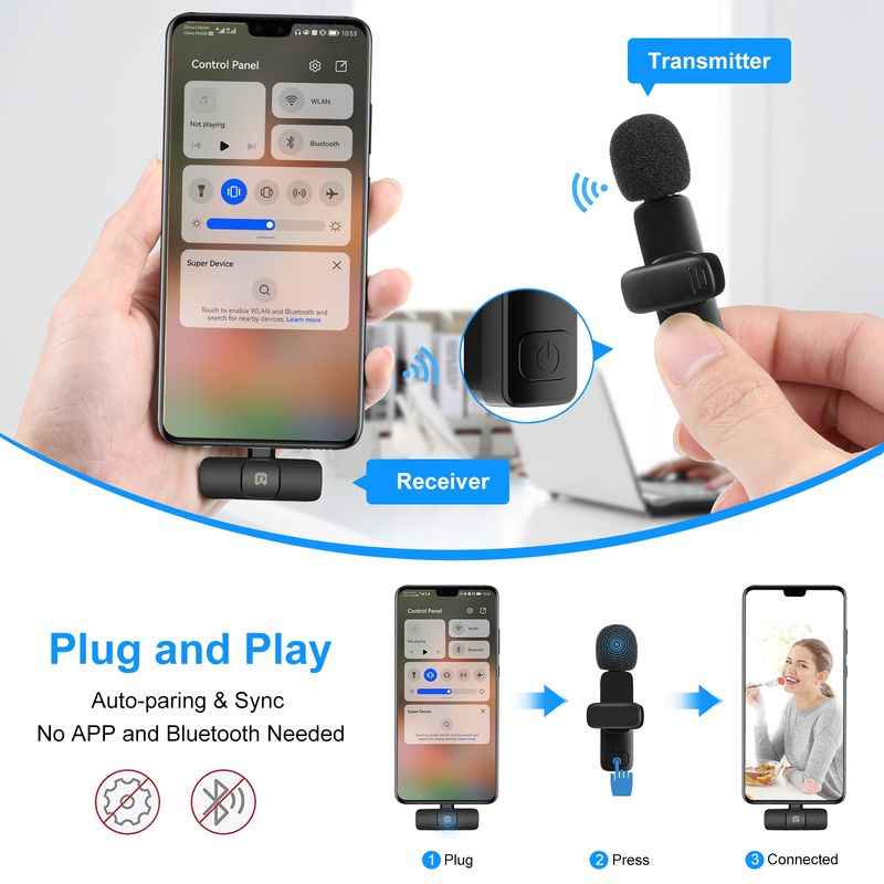 Wireless Lavalier Noise Reduction Reverb Microphones for Type-C Phone, Type-C Receiver and Dual Microphones (Black)_voghion.com