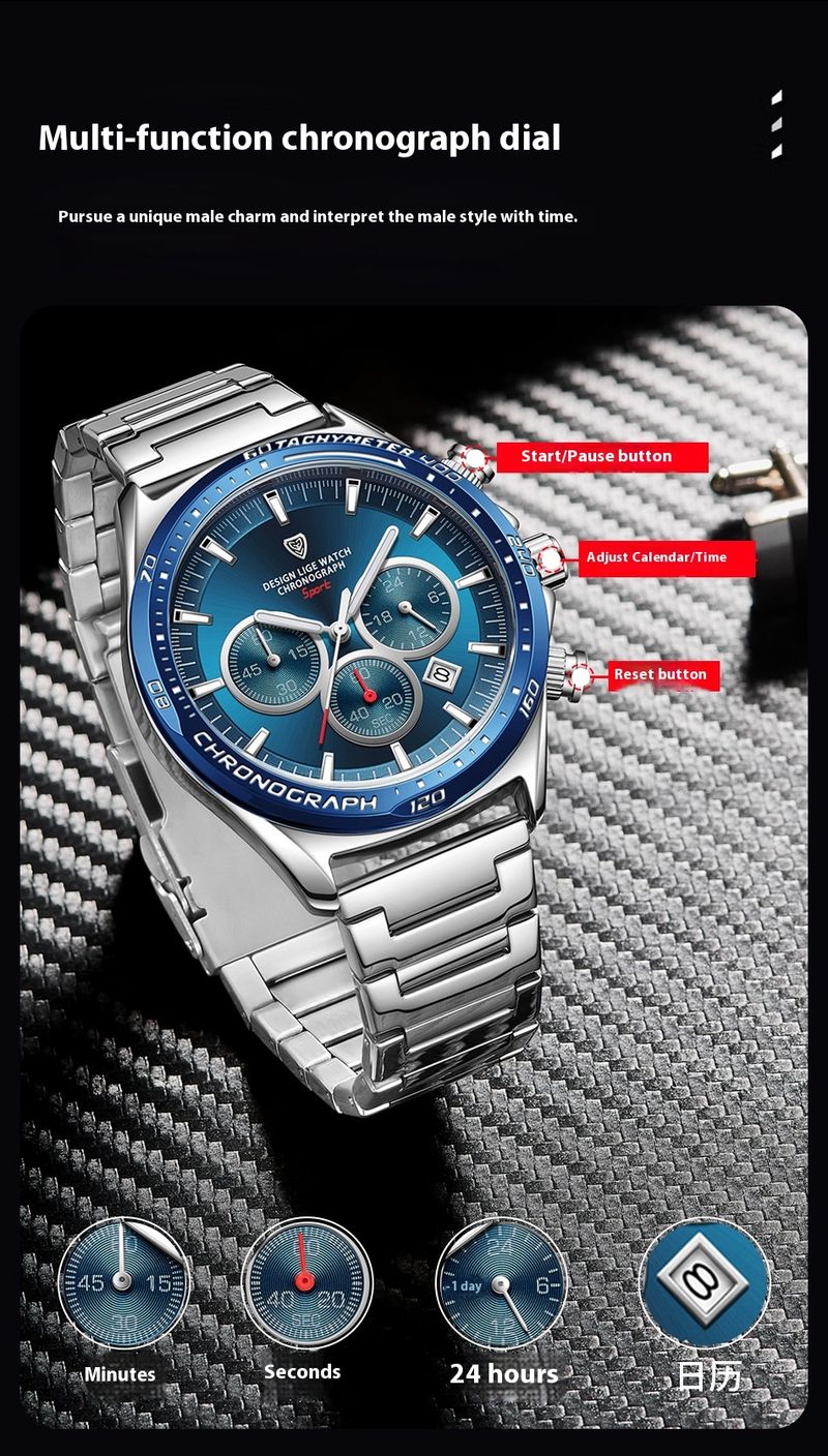 Business Machinery Men's High-end Multifunctional Large Dial Three Eye Six Pin Steel Strip Quartz Watch_voghion.com