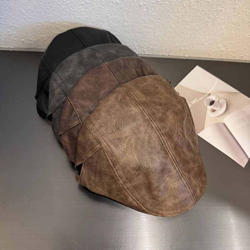 Cappelli da donna retrò in pelle PU, tinta unita, cappello a punta per autunno e inverno, berretto a rete con personalità di celebrità, cappello a becco d'anatra invertito per uomo_voghion.com