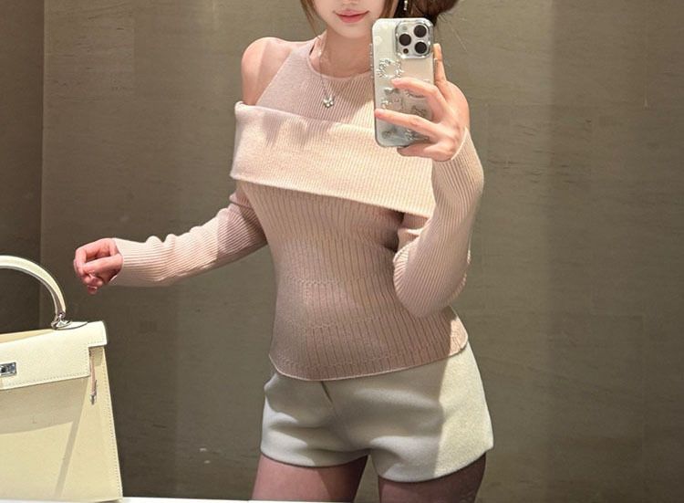 Maglia a coste con spalle scoperte, girocollo, vestibilità attillata, corta, per donna, in due pezzi, per primavera e autunno_voghion.com