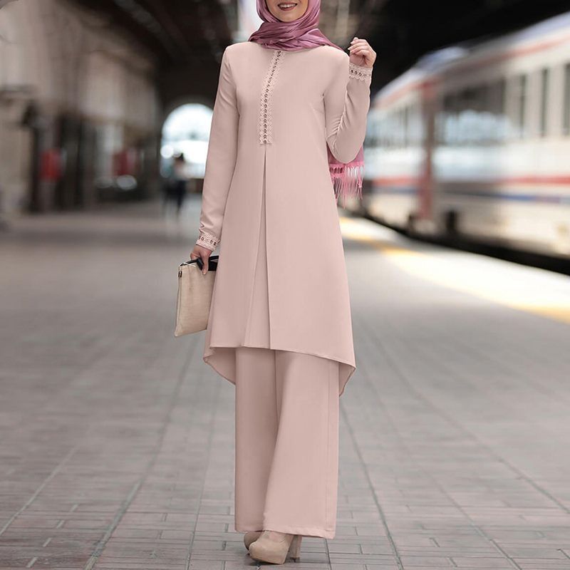 Modern muslimsk damoutfit i två delar - Långärmad spetstopp och enfärgade byxor för vår/höst_voghion.com