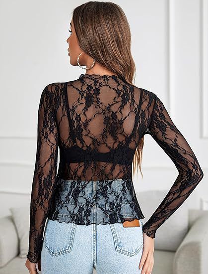 Top da donna, maniche lunghe, collo alto, camicia trasparente, top in pizzo floreale trasparente, hanno un vero colpo_voghion.com