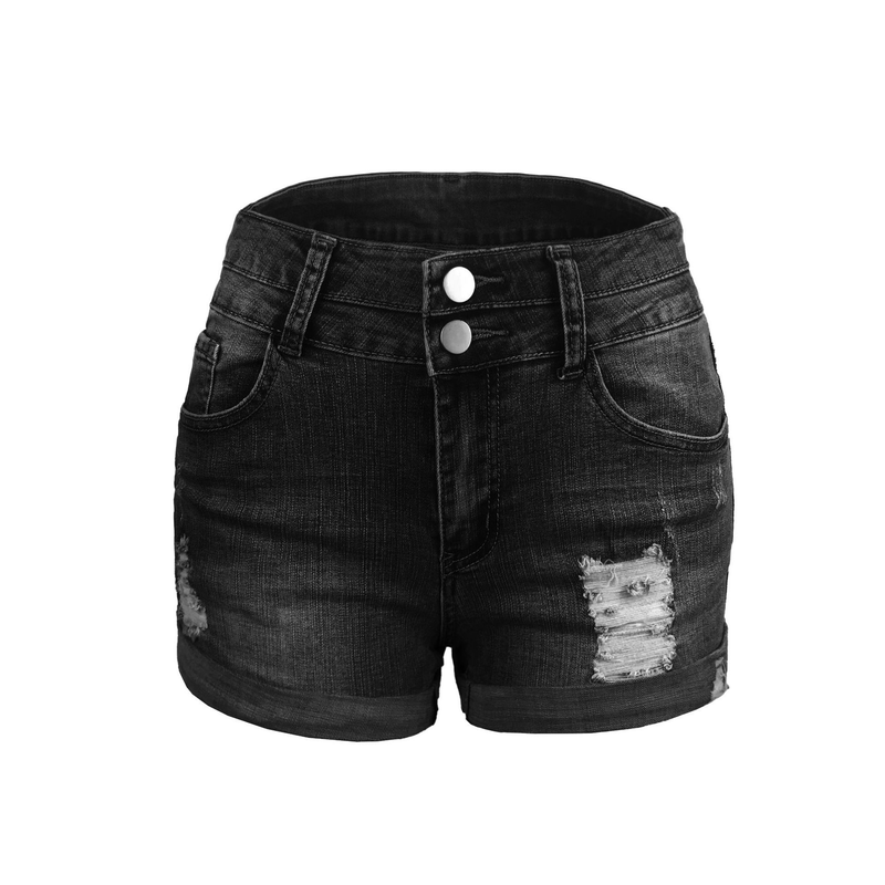Pantaloncini in denim a vita alta da donna in stile europeo, elastici, alla moda, estivi, snellenti, con design a fori_voghion.com