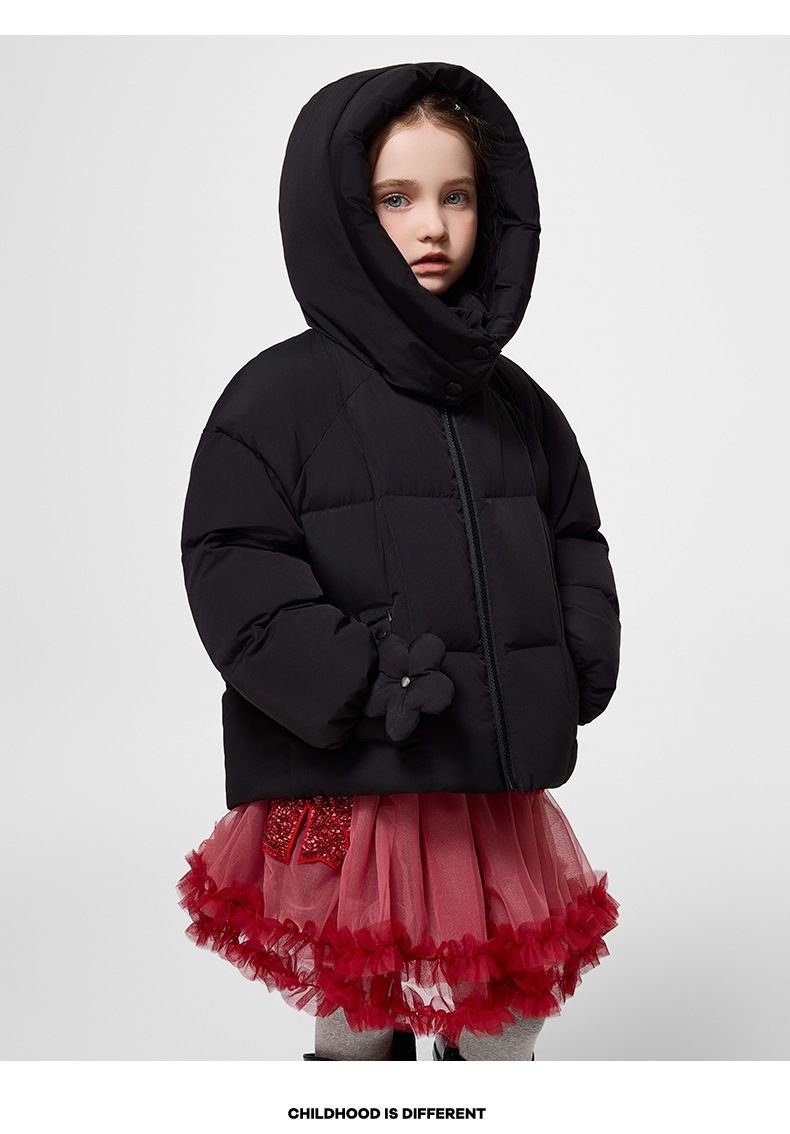Piumino invernale per bambini con cappuccio, caldo cappotto corto in piuma d'oca per ragazze, imbottitura in piuma d'anatra bianca all'86%-90%, morbido ed elegante, rosa/viola/beige/nero_voghion.com