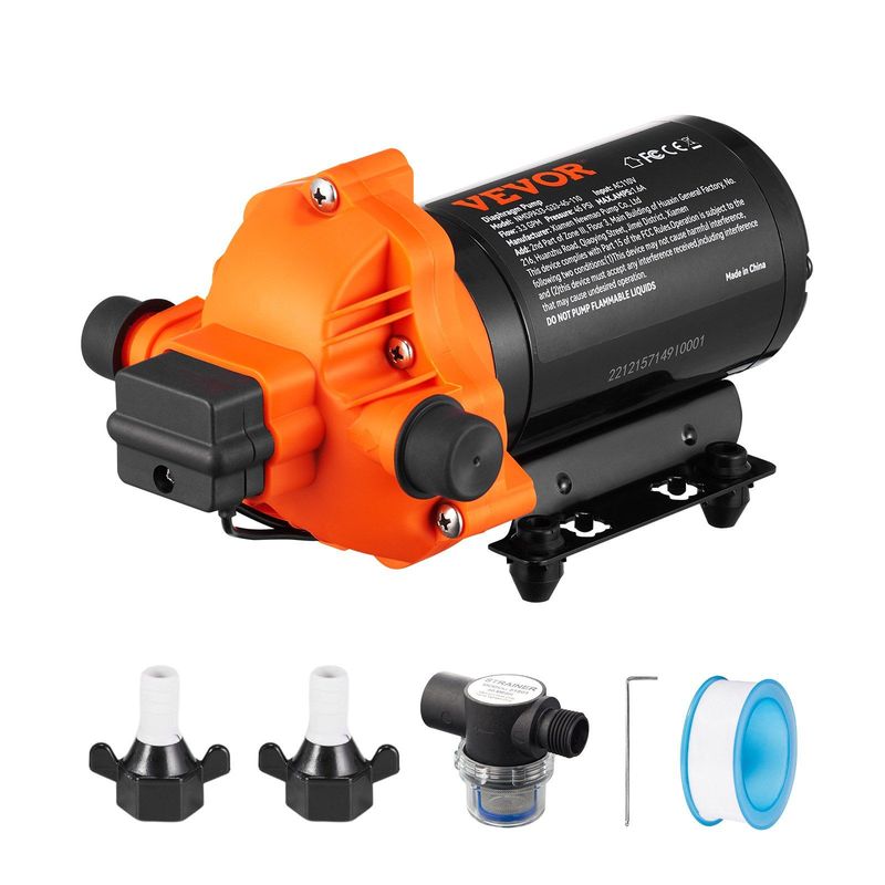 VEVOR Water Diaphragm Pump, 110V AC, 3.3 GPM Flow, 45 PSI Rated Pressure (40-80 PSI Adjustable), 1/2" MNPT Self Priming Sprayer Pump With Pressure Switch For RV Camper Marine Boat Lawn, FCC Certified_voghion.com