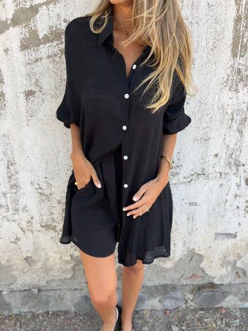 Conjunto de duas peças feminino casual de algodão e linho, cor sólida, manga comprida, camisa de tecido amassado, 2025_voghion.com