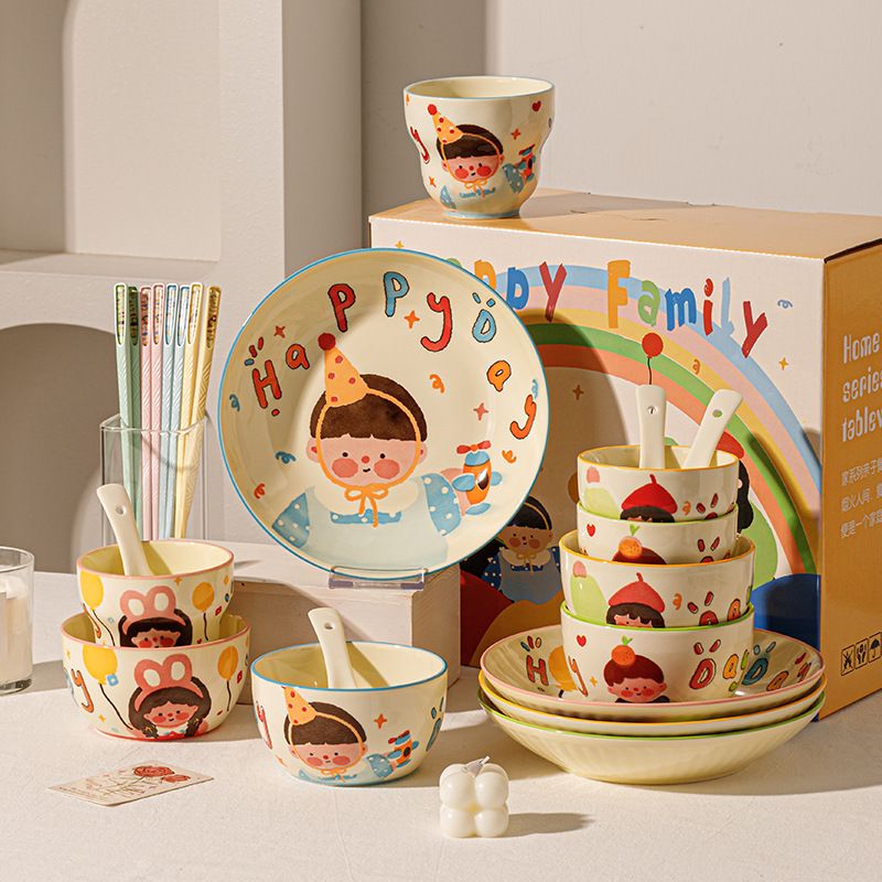 Rodzina Czterech Rodziców Dzieci Zestaw Naczyń Prezent Gospodarstwo Domowe Miski I Talerze Ceramiczne Miski Miski Do Ryżu z Kreskówek Zestaw Talerzy I Naczyń_voghion.com