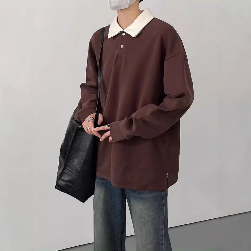 Autumn and winter new retro contrasting long sleeved men's loose collared sweatshirt, simple and casual inner layer bottom shirt_voghion.com