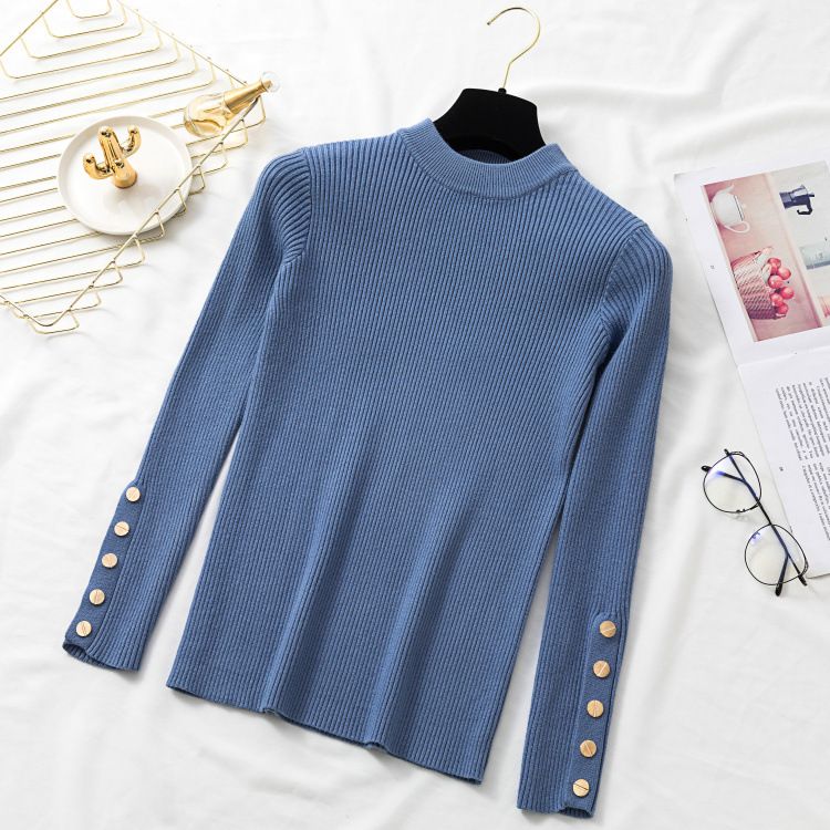 Damen Rundhals Langarm Strickpullover Slim Fit Kurzer Pullover Top Lässiger Leichter Herbst Rollkragen_voghion.com