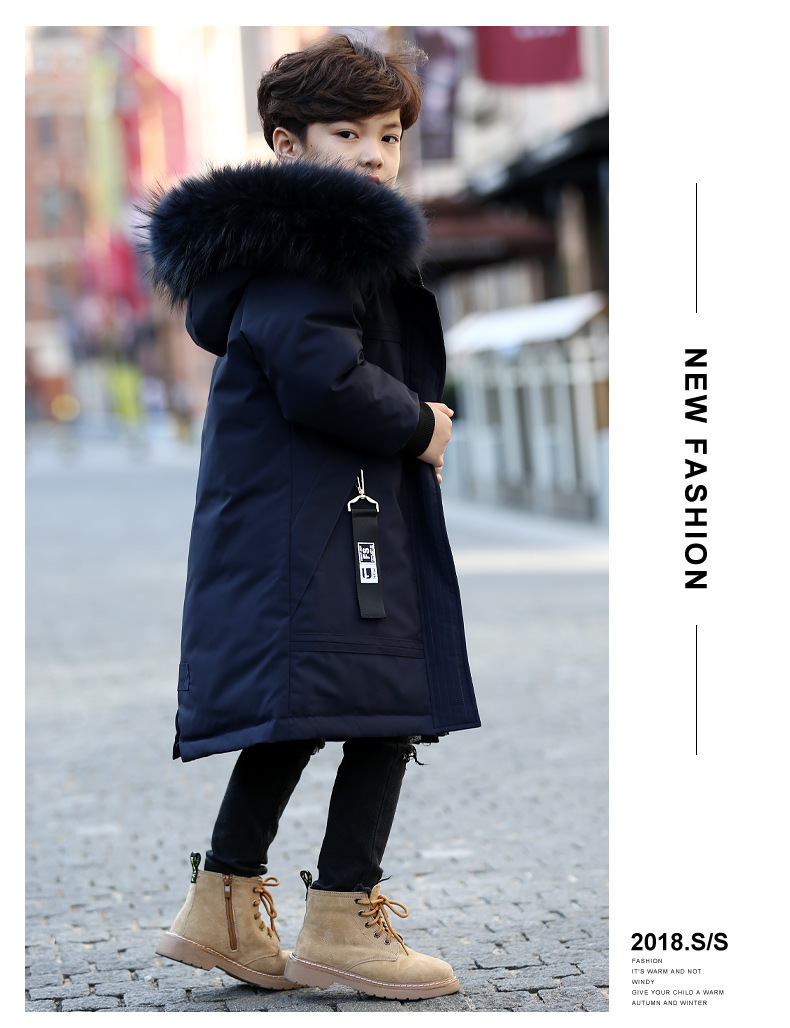 Chłopięca kurtka puchowa w stylu koreańskim – średniej długości, zimowa kurtka z kapturem | 90% białego puchu kaczego | Lekka i ciepła (3-8 lat) | Czarny/Ciemnoniebieski/Zielony wojskowo_voghion.com